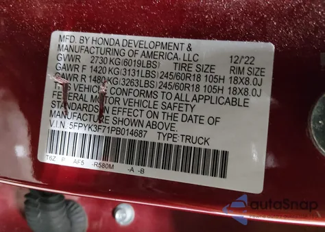 2023 Honda Ridgeline Rtl-E from USA, damaged, VIN 5FPYK3F71PB014687